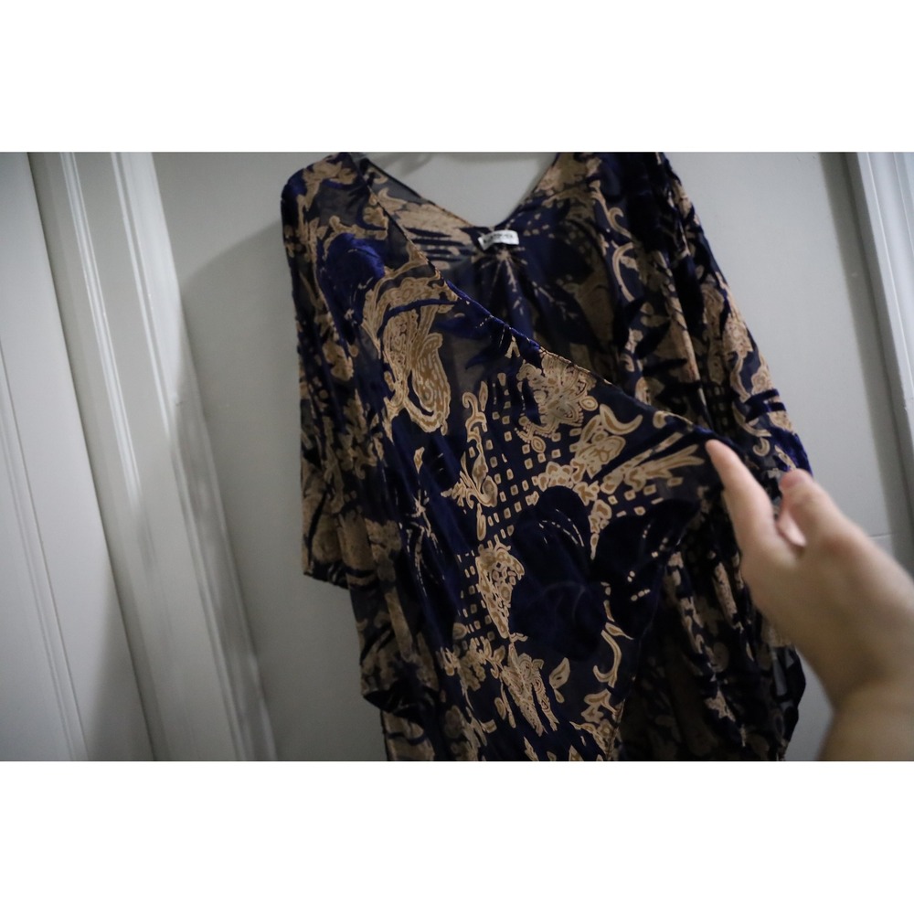 Laasoul Navy & Gold Floral Kimono Open Front Sheer Cover Up Bohemian Resort Wear - Picture 2 of 7